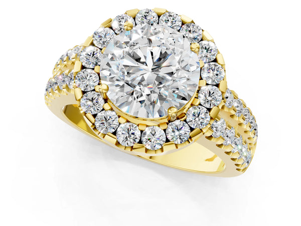Yellow gold Round Halo Diamond Split Shank Engagement Ring with Prong Setting