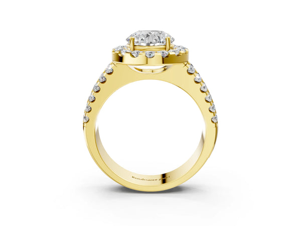 Yellow gold Round Halo Diamond Split Shank Engagement Ring with Prong Setting