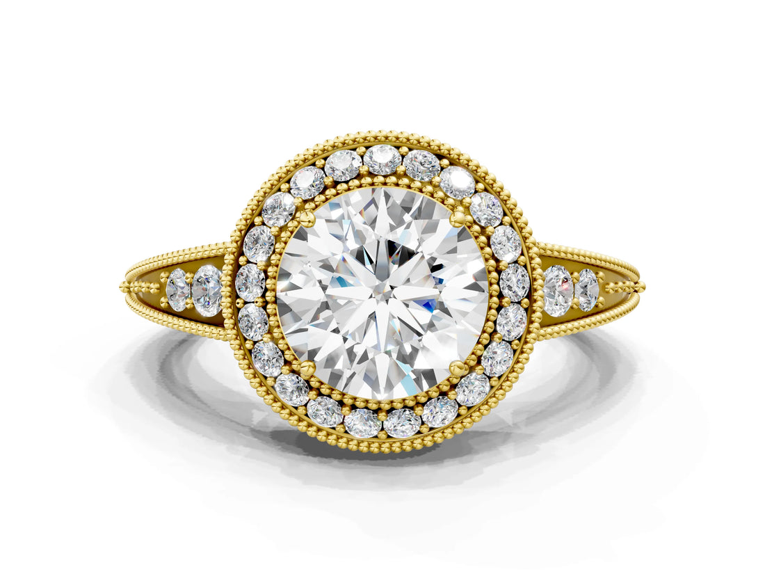 Yellow gold Round Halo Diamond Split Shank Ring with Milgrain Detail_53