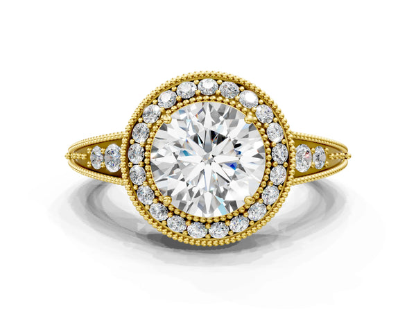 Yellow Gold Round Vintage Halo Engagement Ring Setting with Tapered Pave Band and Milgrain