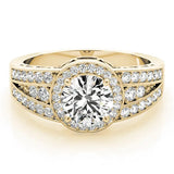 Yellow gold Round Halo Diamond Split Shank Ring with Prong Setting 1