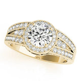 Yellow gold Round Halo Diamond Split Shank Ring with Prong Setting