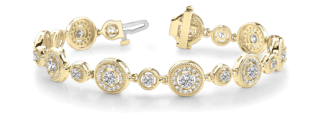Yellow gold Round Halo Diamond Tennis Bracelet with Bezel Setting