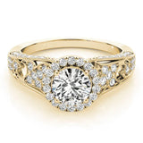 Yellow gold Round Halo Diamond Vintage Split Shank Ring with Milgrain Edge 1