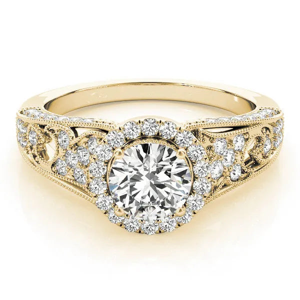 Yellow gold Round Halo Diamond Vintage Split Shank Ring with Milgrain Edge