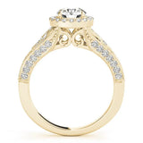 Yellow gold Round Halo Diamond Vintage Split Shank Ring with Milgrain Edge 2
