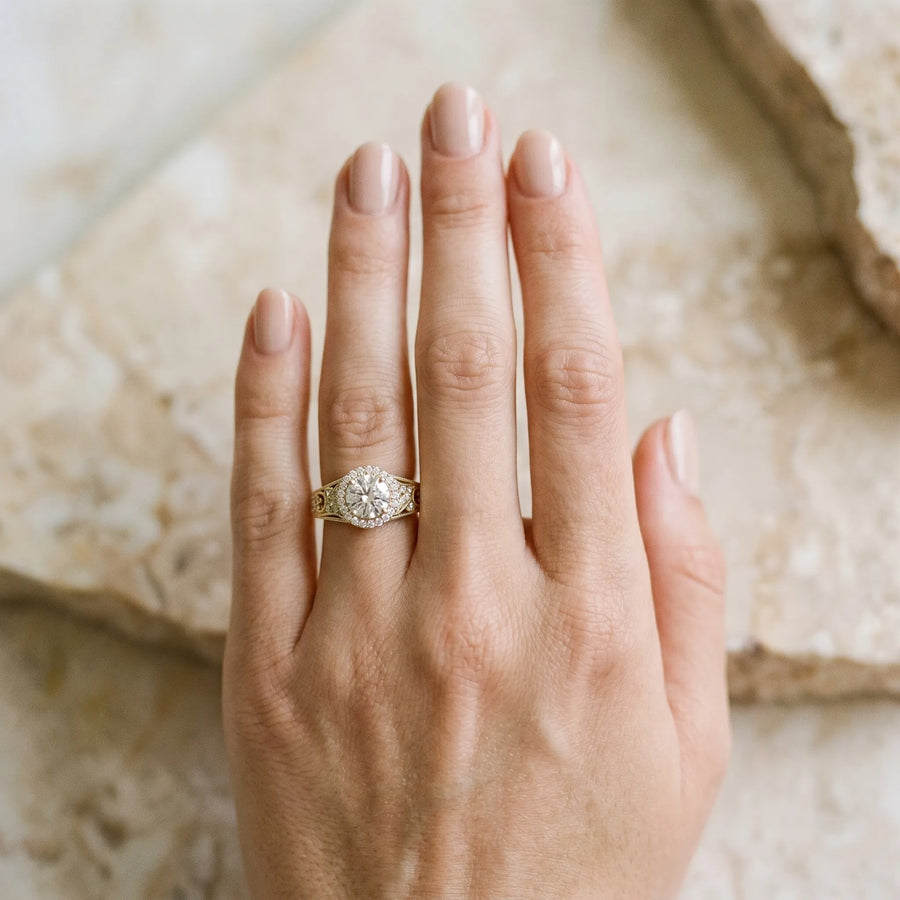 Yellow gold Round Halo Diamond Vintage Split Shank Ring with Milgrain Edge