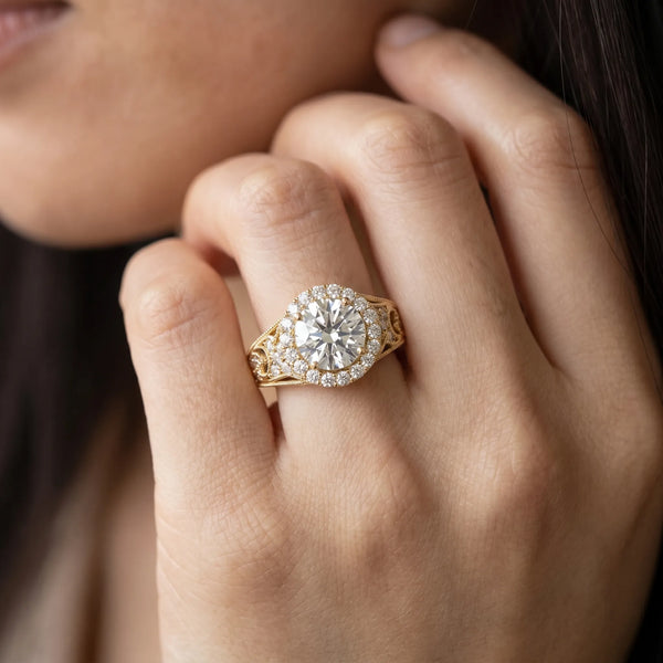 Yellow gold Round Halo Diamond Vintage Split Shank Ring with Milgrain Edge