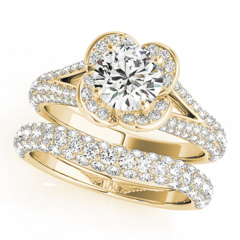 Yellow gold Round Halo Floral Diamond Engagement Ring with Pave Split Shank and Four-Prong Setting 1