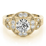 Yellow gold Round Halo Milgrain Diamond Engagement Ring with Leaf Band and Four-Prong Setting 1