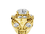 Yellow gold Round Halo Milgrain Diamond Engagement Ring with Leaf Band and Four-Prong Setting_11