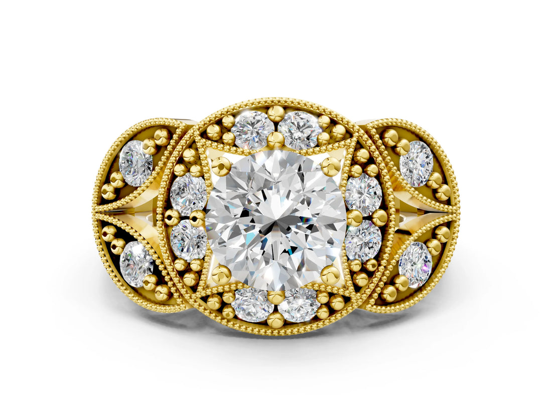Yellow gold Round Halo Milgrain Diamond Engagement Ring with Leaf Band and Four-Prong Setting_6