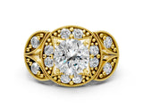 Yellow gold Round Halo Milgrain Diamond Engagement Ring with Leaf Band and Four-Prong Setting_6