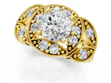 Yellow gold Round Halo Milgrain Diamond Engagement Ring with Leaf Band and Four-Prong Setting_7