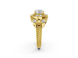 Yellow gold Round Halo Milgrain Diamond Engagement Ring with Leaf Band and Four-Prong Setting_8