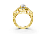 Yellow gold Round Halo Milgrain Diamond Engagement Ring with Leaf Band and Four-Prong Setting_9