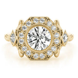 Yellow gold Round Halo Milgrain Diamond Ring with Split Shank and Bezel Setting 1