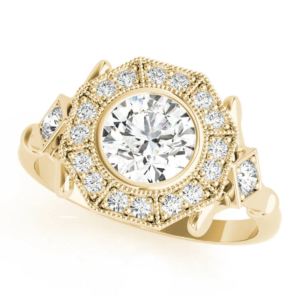Yellow gold Round Halo Milgrain Diamond Ring with Split Shank and Bezel Setting