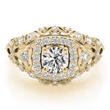 Yellow gold Round Halo Milgrain Pave Diamond Engagement Ring with Filigree Band and Four-Prong Setting 1