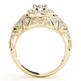 Yellow gold Round Halo Milgrain Pave Diamond Engagement Ring with Filigree Band and Four-Prong Setting 2