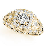 Yellow gold Round Halo Milgrain Pave Diamond Engagement Ring with Filigree Band and Four-Prong Setting