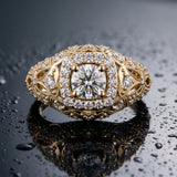 Yellow gold Round Halo Milgrain Pave Diamond Engagement Ring with Filigree Band and Four-Prong Setting_10