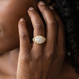 Yellow gold Round Halo Milgrain Pave Diamond Engagement Ring with Filigree Band and Four-Prong Setting_9