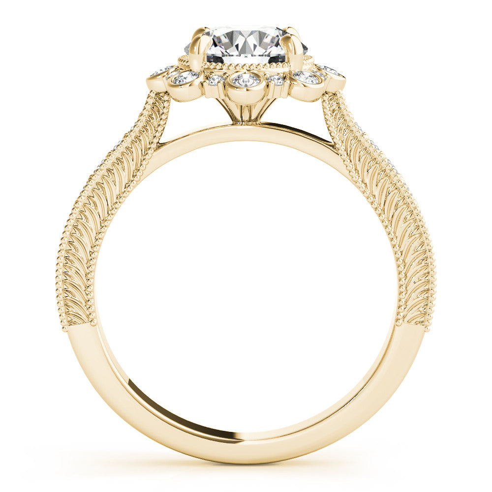 Yellow gold Round Halo Milgrain Pave Diamond Ring with Four-Prong Setting 1