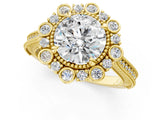 Yellow gold Round Halo Milgrain Pave Diamond Ring with Four-Prong Setting 1