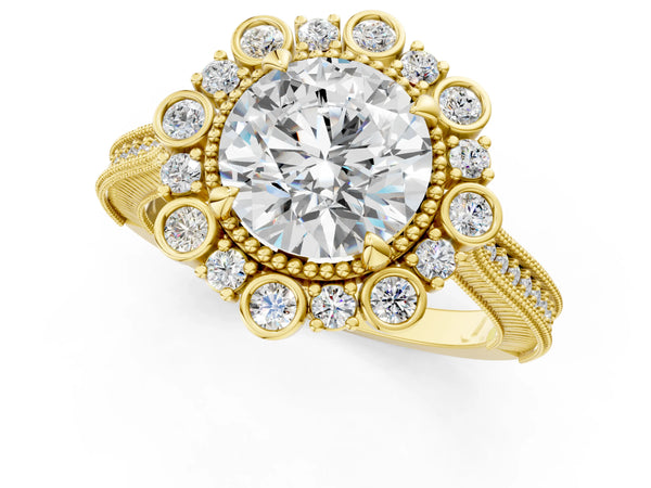 Yellow gold Round Halo Milgrain Pave Diamond Ring with Four-Prong Setting