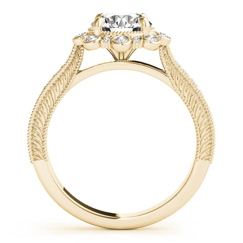 Yellow gold Round Halo Milgrain Pave Diamond Ring with Four-Prong Setting 1