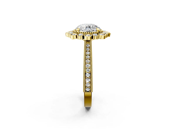 Yellow gold Round Halo Milgrain Pave Diamond Ring with Four-Prong Setting