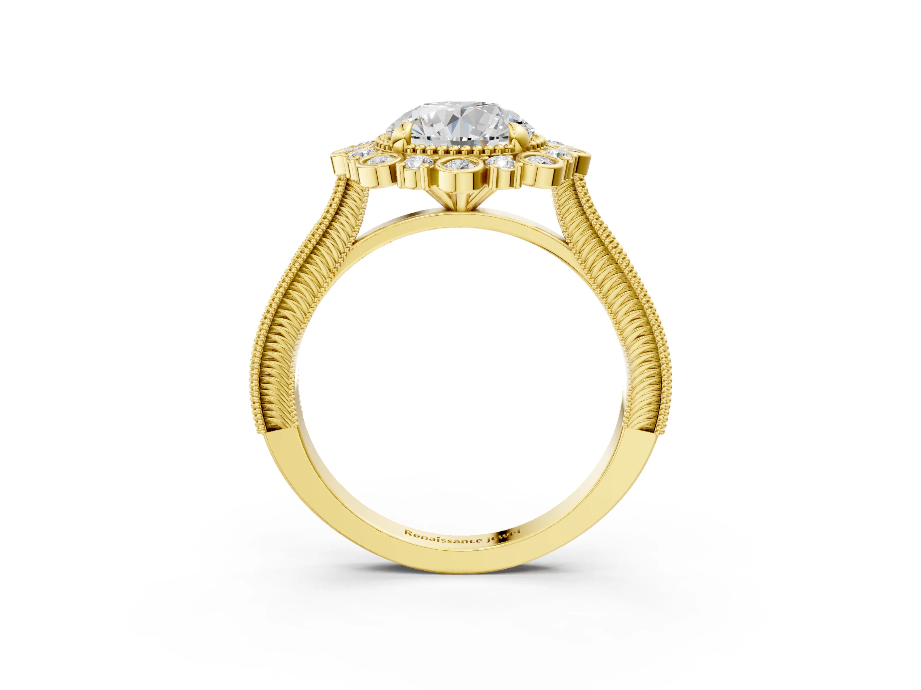Yellow gold Round Halo Milgrain Pave Diamond Ring with Four-Prong Setting 3