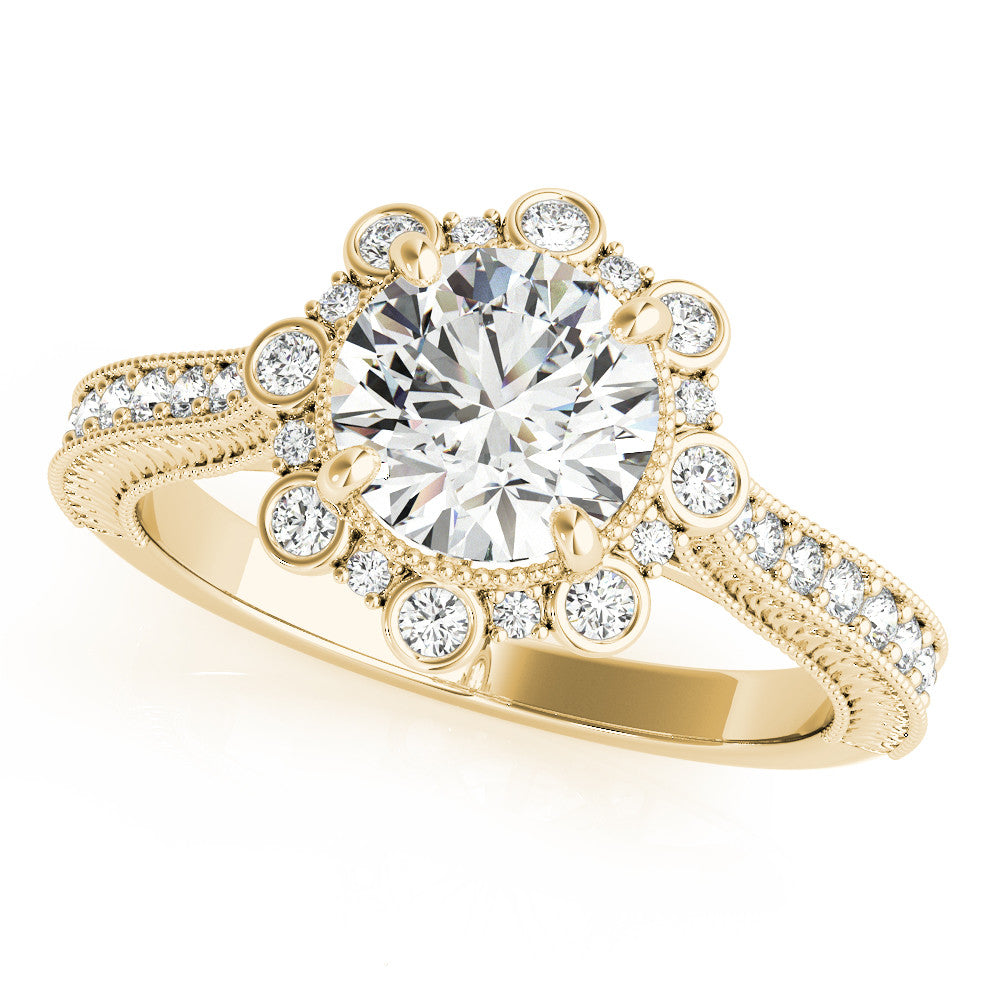 Yellow gold Round Halo Milgrain Pave Diamond Ring with Four-Prong Setting