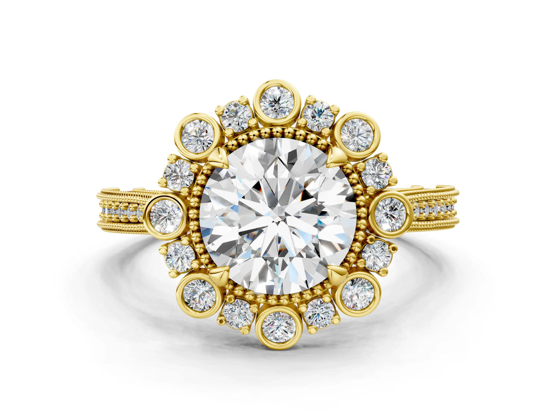 Yellow gold Round Halo Milgrain Pave Diamond Ring with Four-Prong Setting