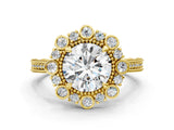 Yellow gold Round Halo Milgrain Pave Diamond Ring with Four-Prong Setting