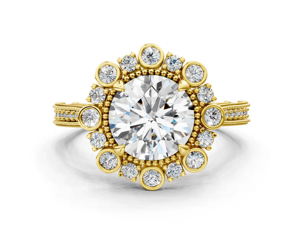 Yellow gold Round Halo Milgrain Pave Diamond Ring with Four-Prong Setting