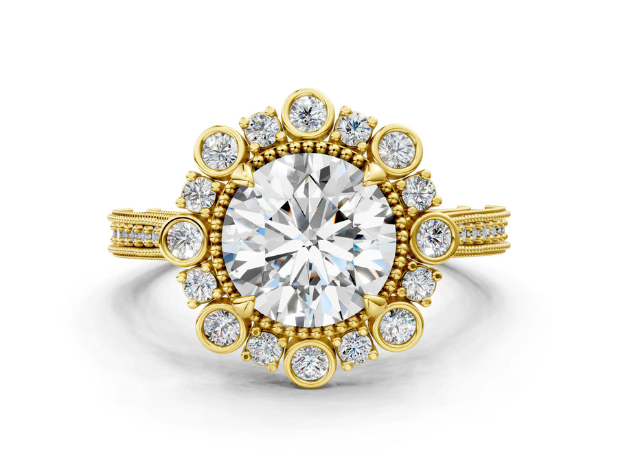 Yellow gold Round Halo Milgrain Pave Diamond Ring with Four-Prong Setting