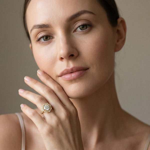 Yellow gold Round Halo Milgrain Pave Diamond Ring with Four-Prong Setting
