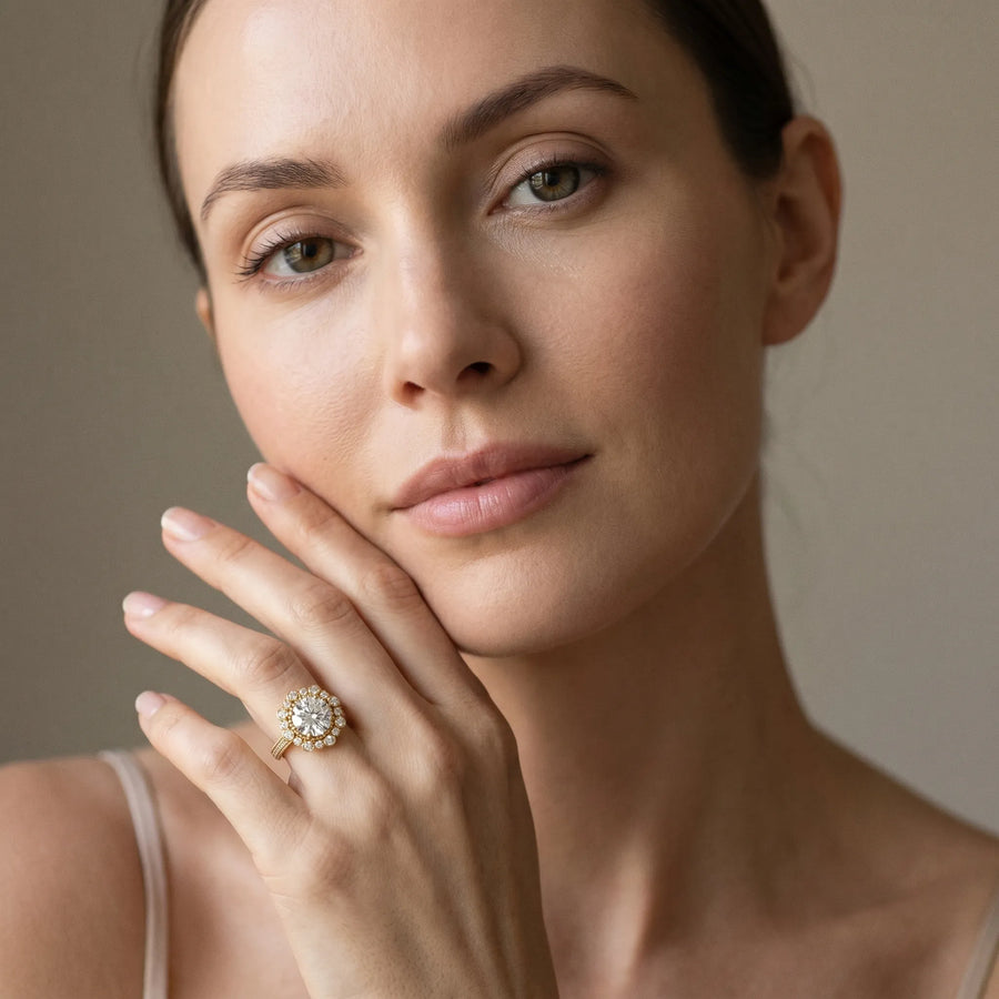 Yellow gold Round Halo Milgrain Pave Diamond Ring with Four-Prong Setting
