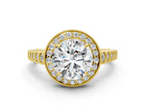 Yellow gold Round Halo Milgrain Solitaire with Bezel Set Side Stones and Pave Band_35