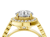 Yellow gold Round Halo Milgrain Solitaire with Bezel Set Side Stones and Pave Band_39
