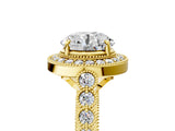 Yellow gold Round Halo Milgrain Solitaire with Bezel Set Side Stones and Pave Band_40