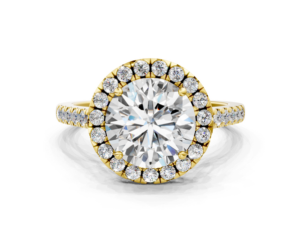Yellow gold Round Halo Pavé Diamond Engagement Ring with Four-Prong Setting