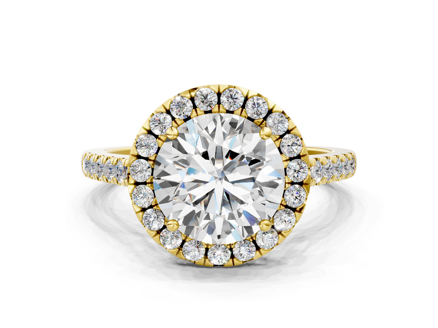 Yellow gold Round Halo Pavé Diamond Engagement Ring with Four-Prong Setting