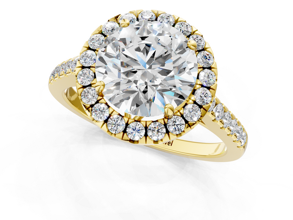 Yellow gold Round Halo Pavé Diamond Engagement Ring with Four-Prong Setting