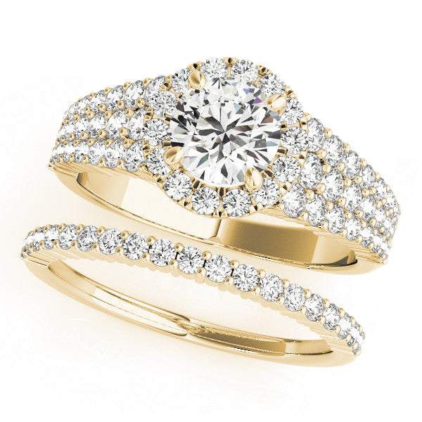 Yellow gold Round Halo Pavé Diamond Engagement Ring with Split Shank and Four-Prong Setting 1