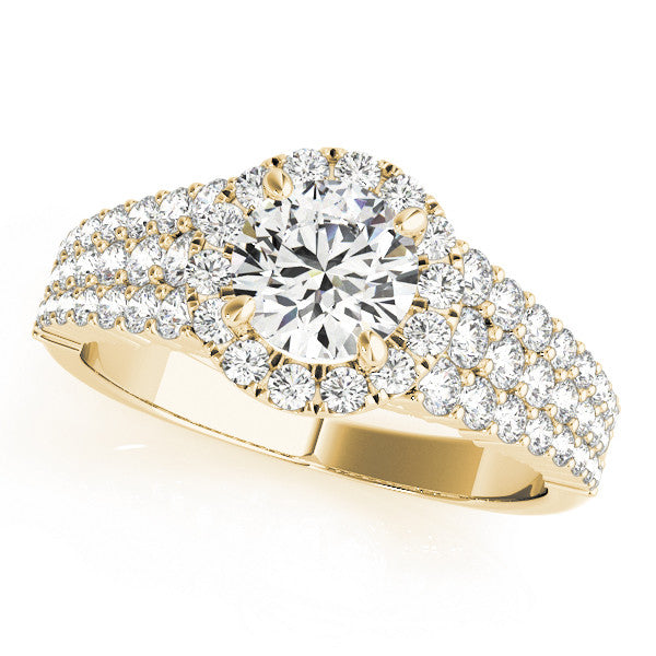 Yellow gold Round Halo Pavé Diamond Engagement Ring with Split Shank and Four-Prong Setting