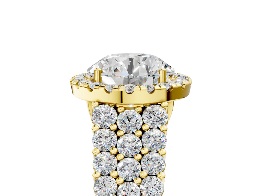 Yellow gold Round Halo Pavé Diamond Engagement Ring with Split Shank and Four-Prong Setting