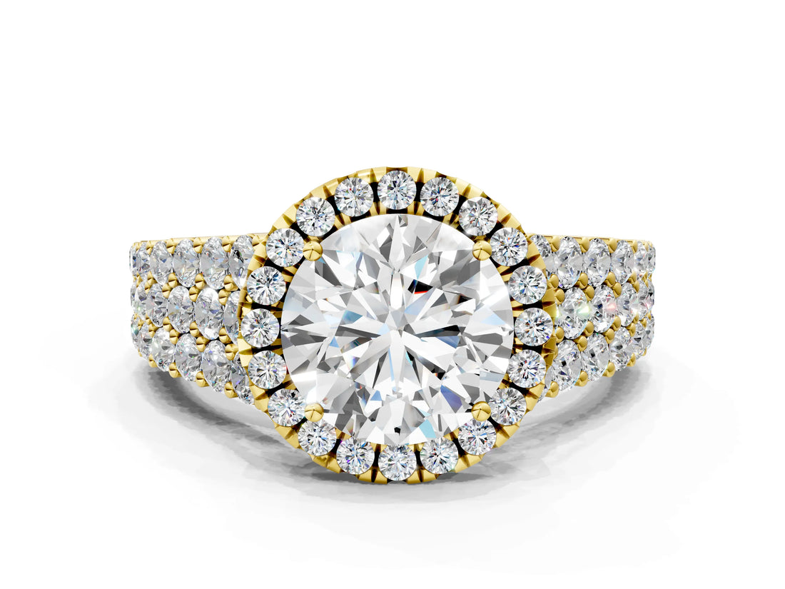 Yellow gold Round Halo Pavé Diamond Engagement Ring with Split Shank and Four-Prong Setting_6